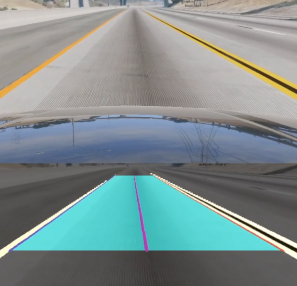 Image of lane line extraction and fitting on a simulated self-driving car