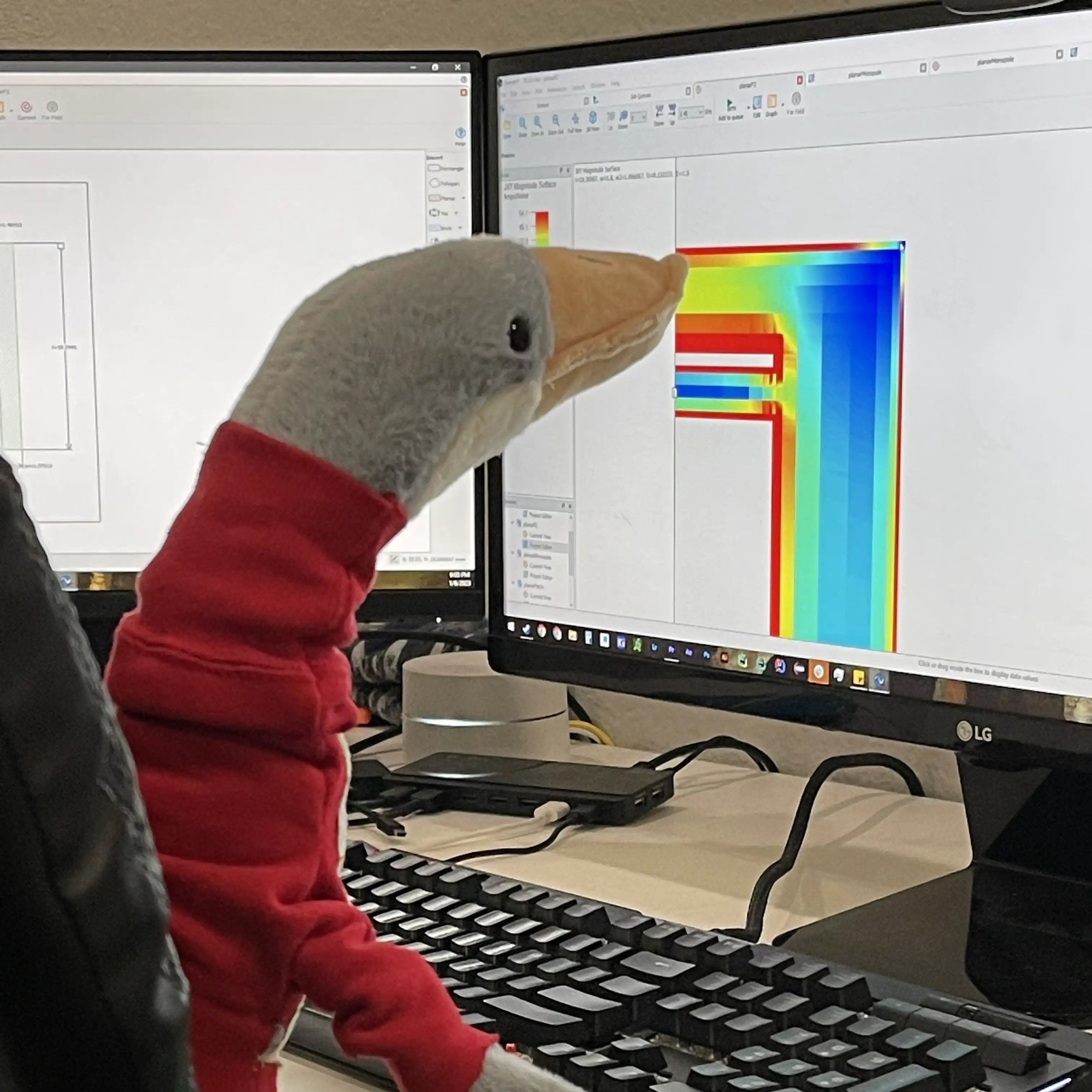 Image of a goose operating a simulation in Sonnet EM of a PIFA at my workstation